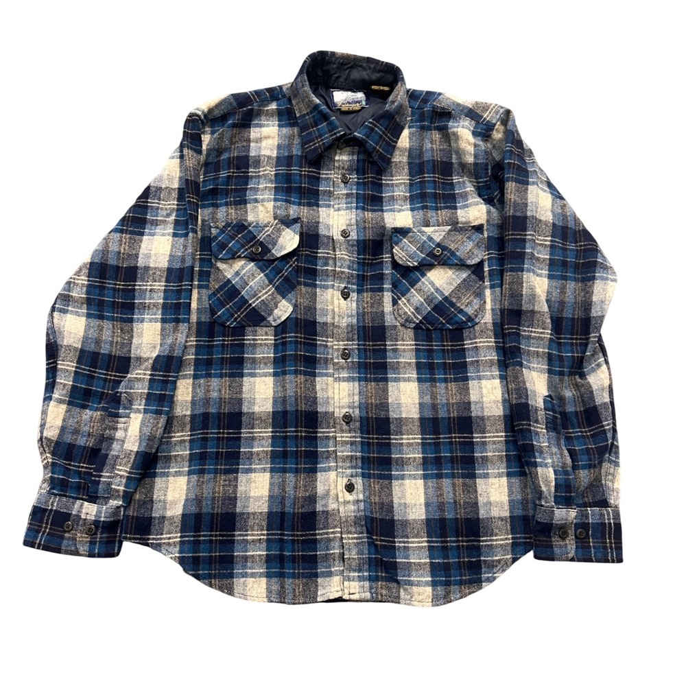 Fieldmaster Plaid Button Down Shirt Mens L Blue Wool Blend Cabin Rugged